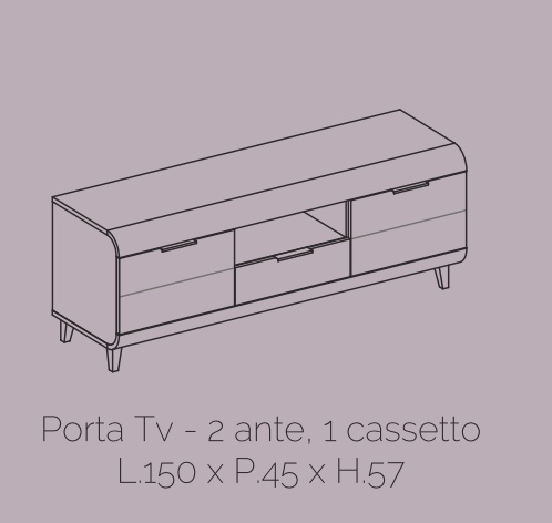 Porta TV con due ante e un cassetto, in finitura Bianco lucido, con piedini
