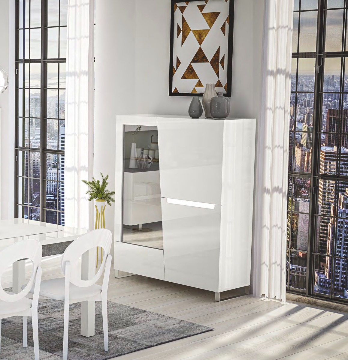 Vetrina 3 ante, 1 cassetto, bianco lucido, made in Italy