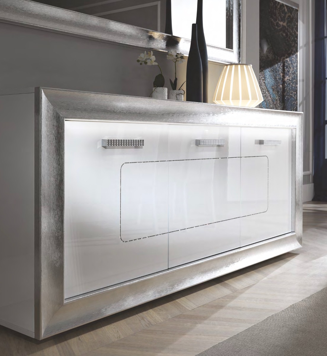 Madia 3 ante bianca lucida con cornice argento, Made in Italy