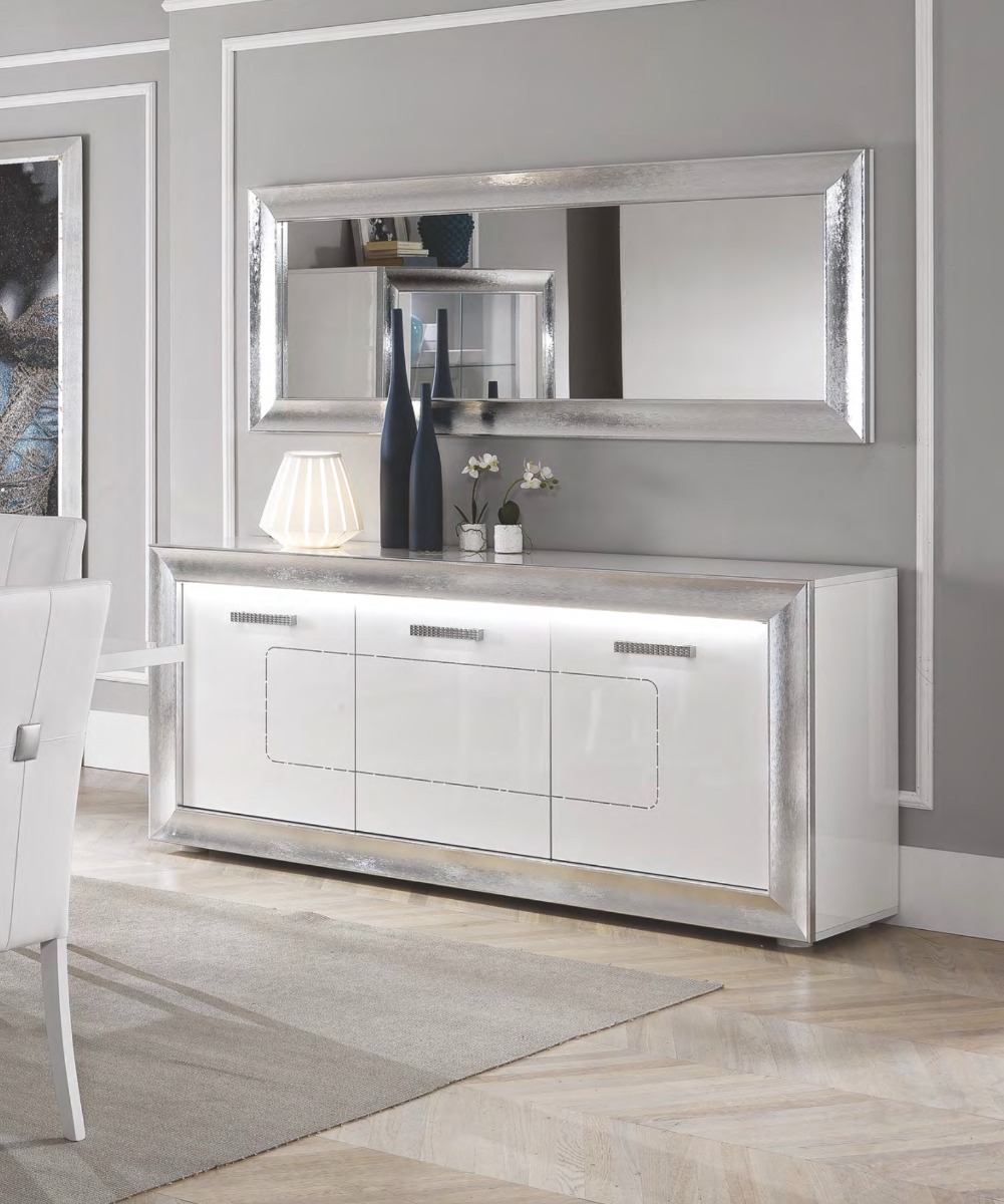 Madia 3 ante bianca lucida con cornice argento, Made in Italy