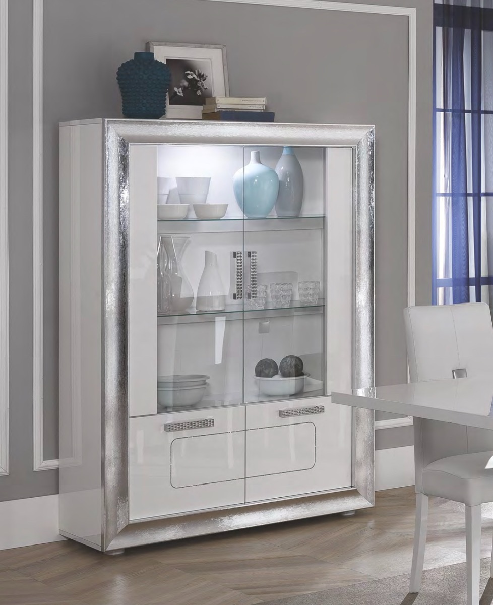 Vetrina 4 ante bianca lucida con cornice argento, Made in Italy