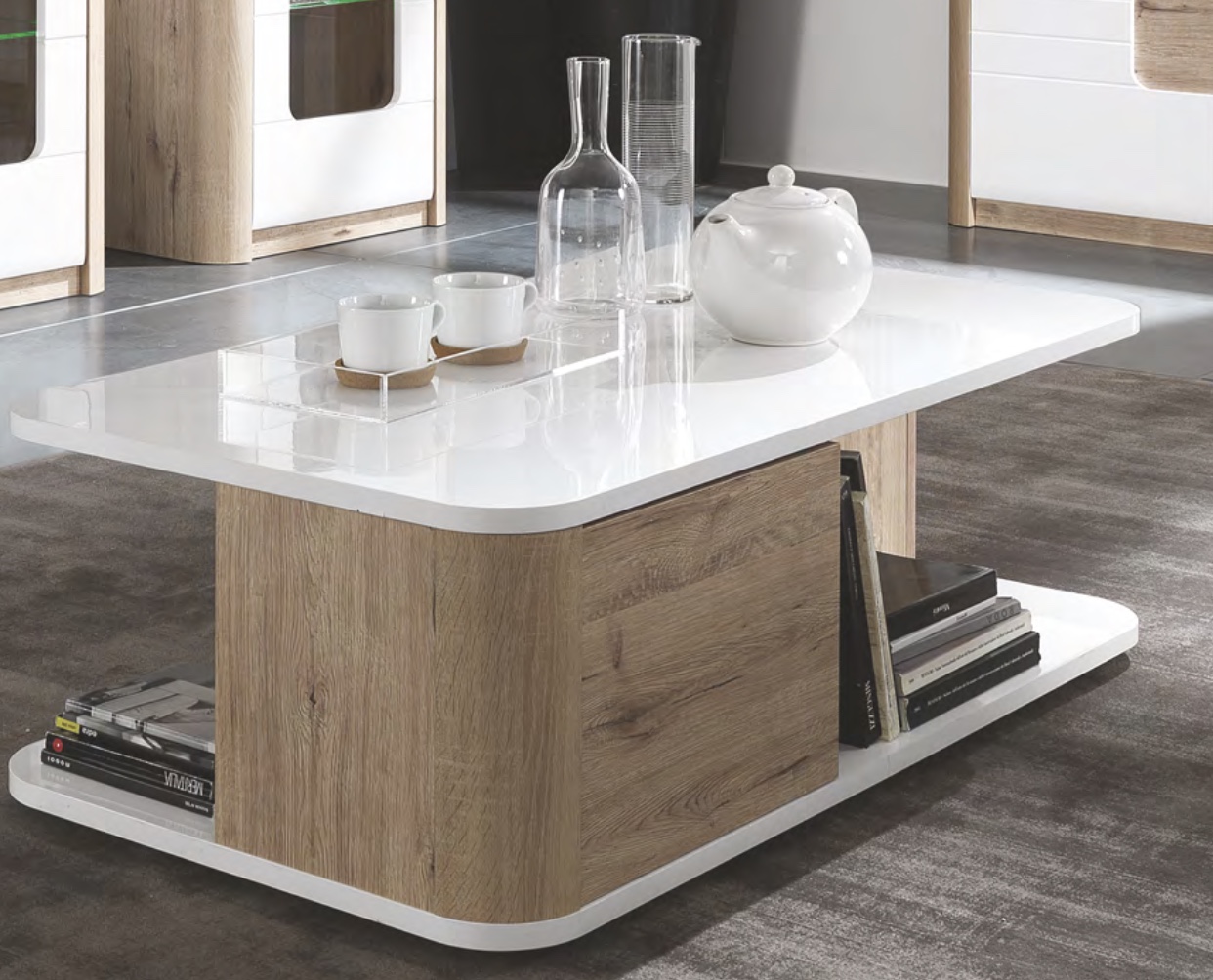 Tavolino da salotto con 2 ante, bianco lucido e rovere wellington