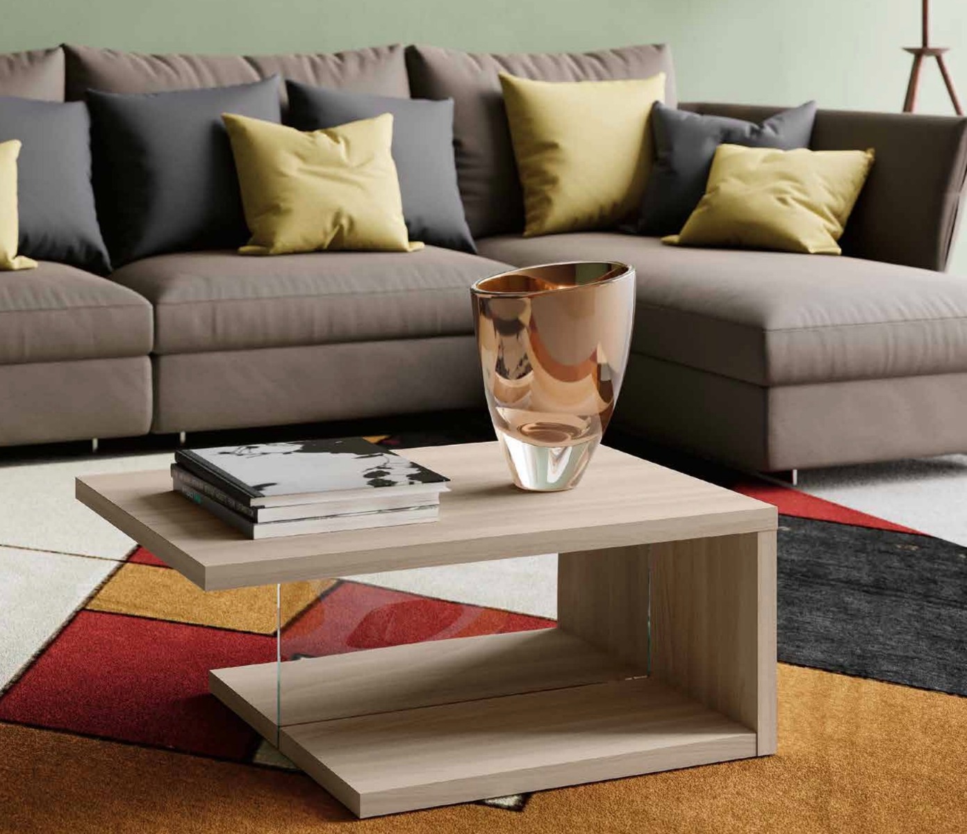 Tavolino salvaspazio, color olmo natura, orizzontale con vetro