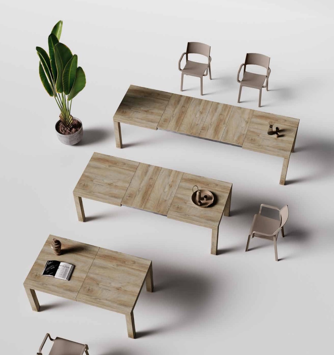 Tavolo di design L.160 allungabile, color rovere sbiancato, Made in Italy