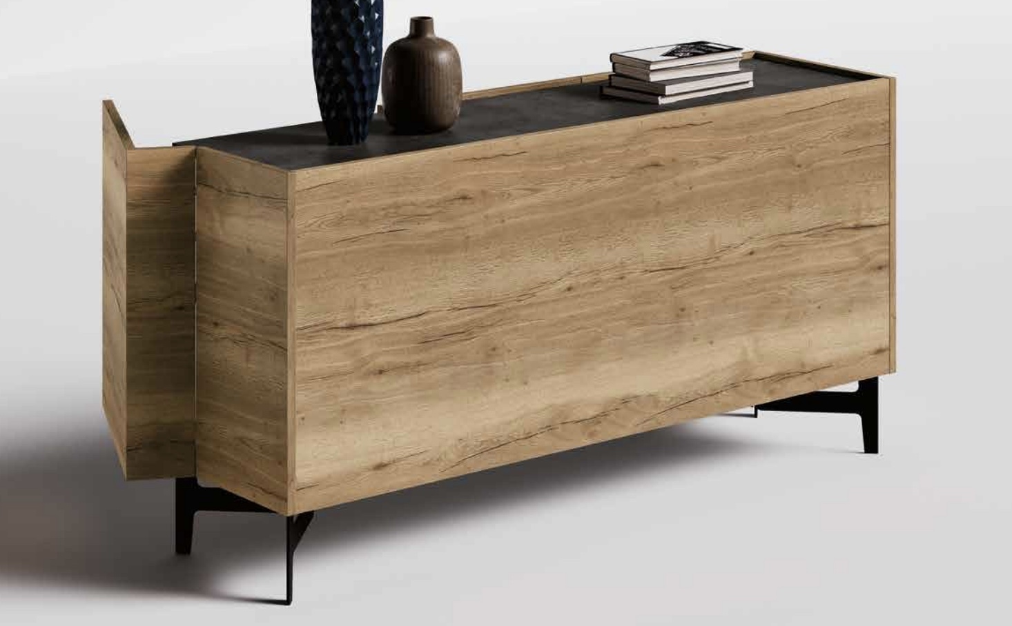 Madia 3 ante bifacciale con apertura 180°, finitura Rovere tabacco e Ardesia scura