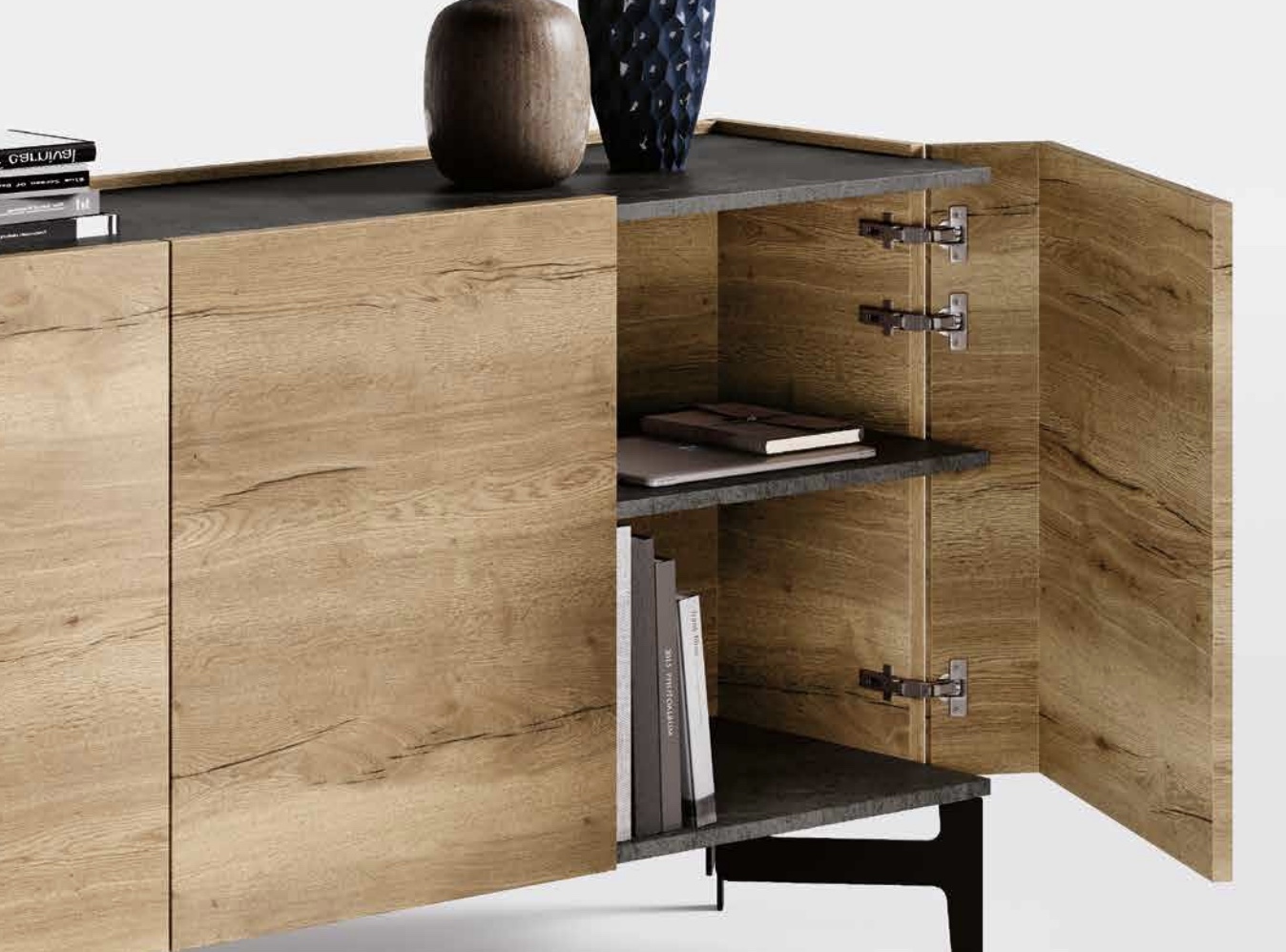 Madia 3 ante bifacciale con apertura 180°, finitura Rovere tabacco e Ardesia scura