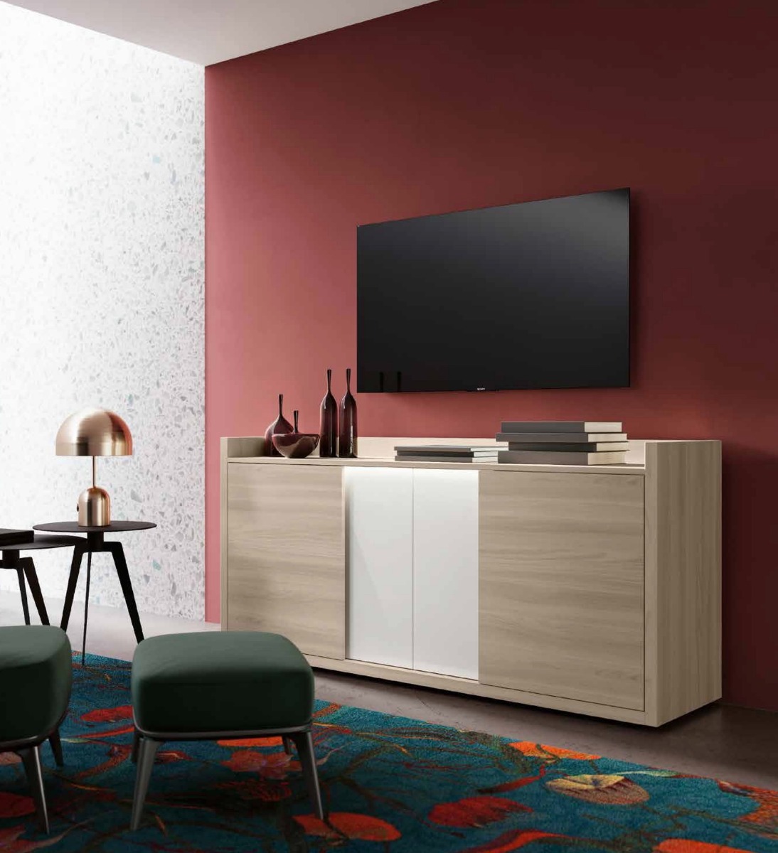 Porta tv, Madia, 4 ante, olmo natura e bianco lucido