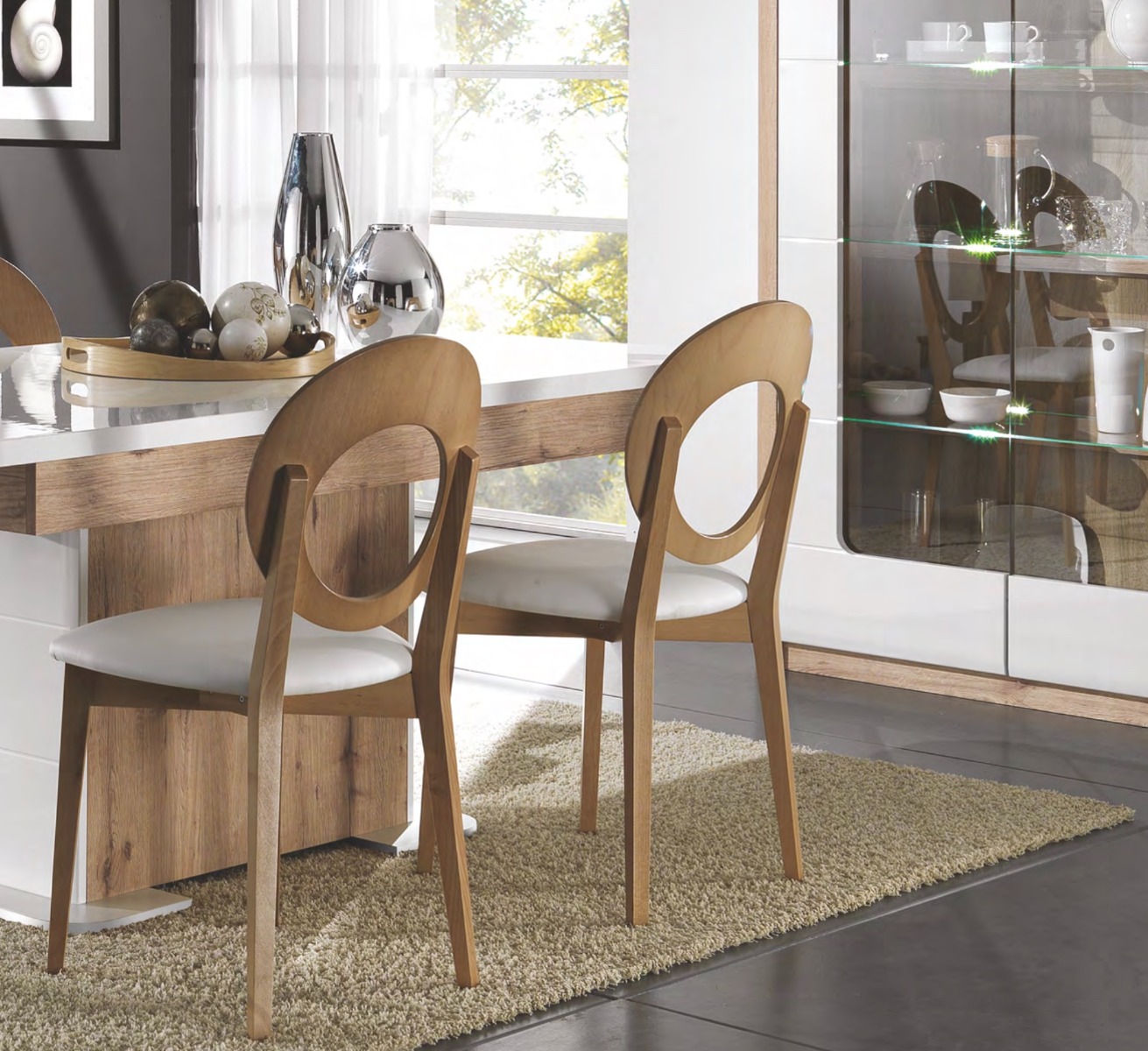 Tavolo moderno allungabile L.180, bianco lucido e rovere wellington