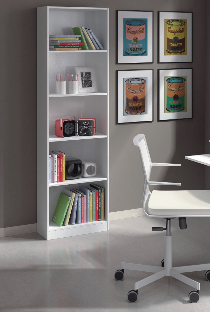 Libreria alta moderna, 4 ripiani, finitura bianco opaco
