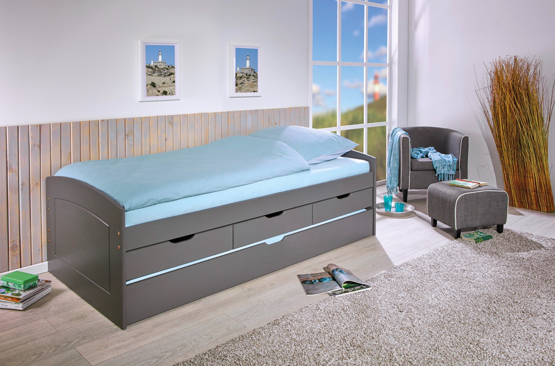 Letto con secondo letto estraibile con ruote e 3 cassetti, colore grigio