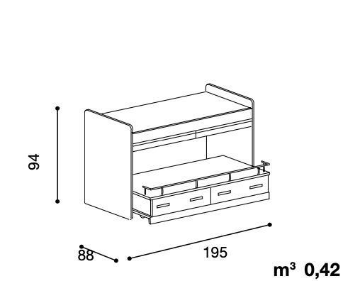Letto con scrivania estraibile Silvia, finitura Betulla, Senape e Petrolio