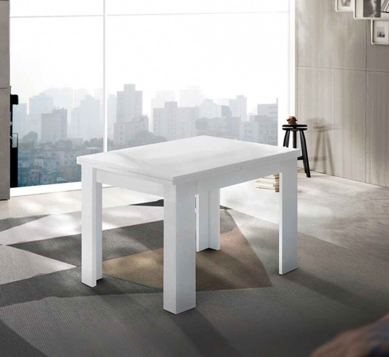 Sala da pranzo formata da vetrina, tavolo e credenza bianco lucido e noce caracalla