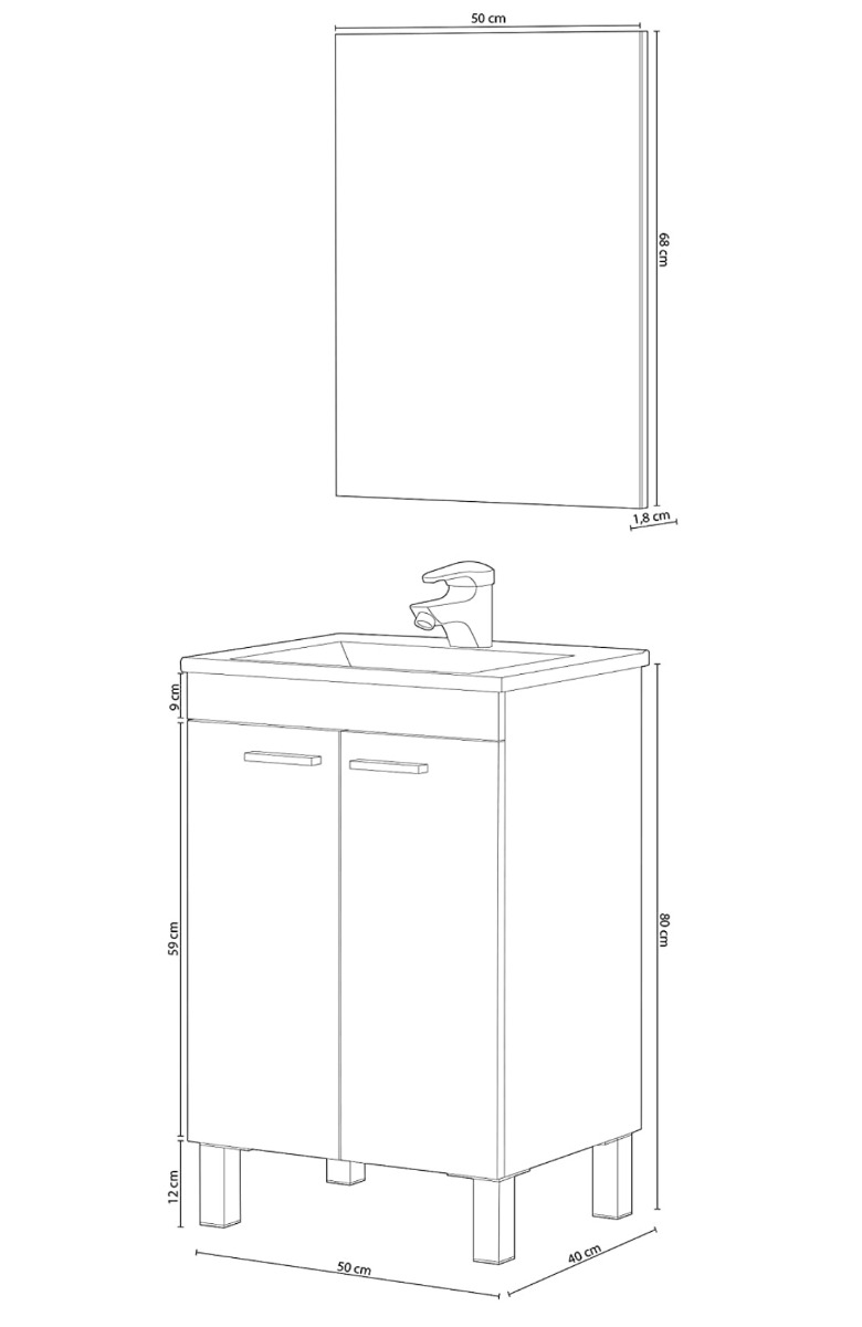 Mobile sottolavabo con due ante e uno specchio, finitura rovere alaska