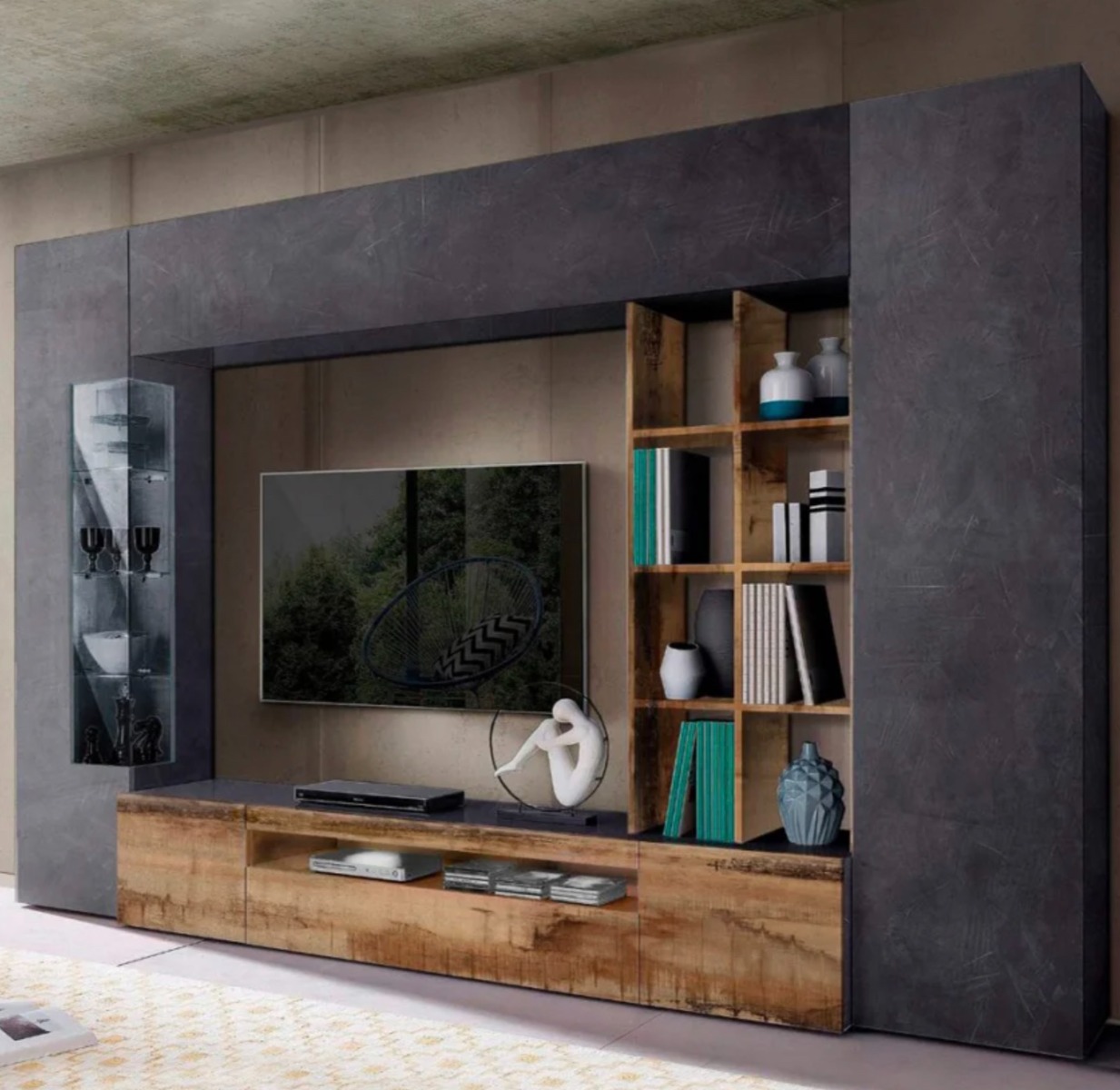 Offerta soggiorno scontato, parete attrezzata Ardesia e Pero