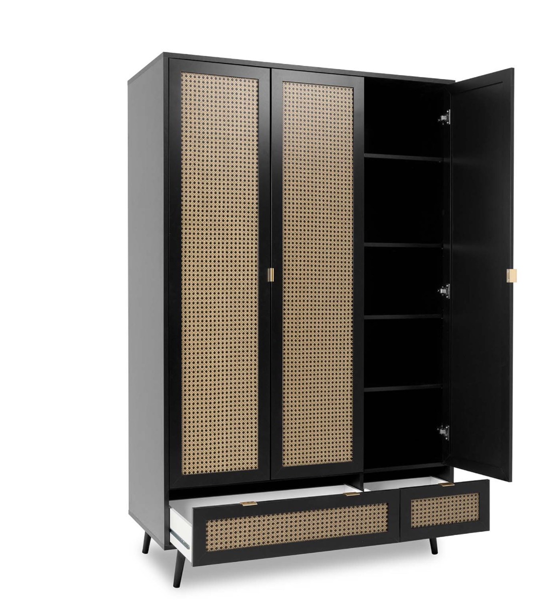 Armadio nero a 3 ante battenti e 2 cassetti, dettagli finitura Oro