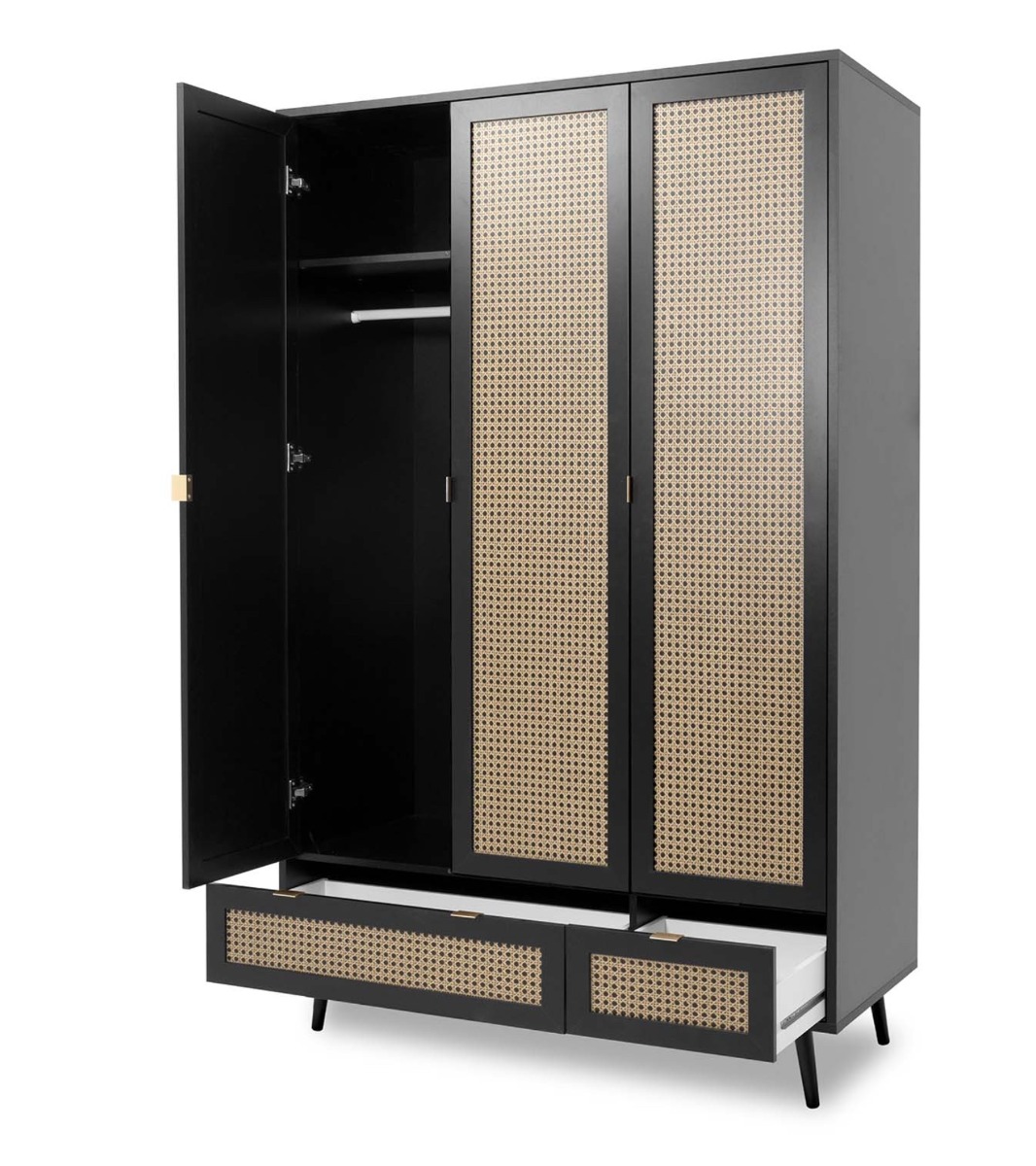 Armadio nero a 3 ante battenti e 2 cassetti, dettagli finitura Oro