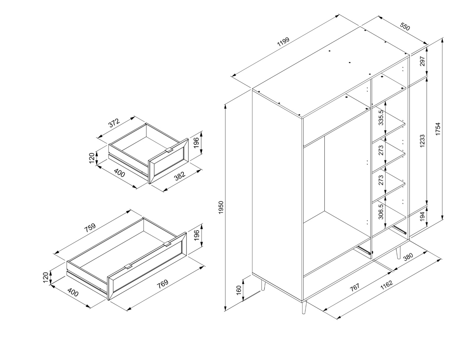 Armadio nero a 3 ante battenti e 2 cassetti, dettagli finitura Oro