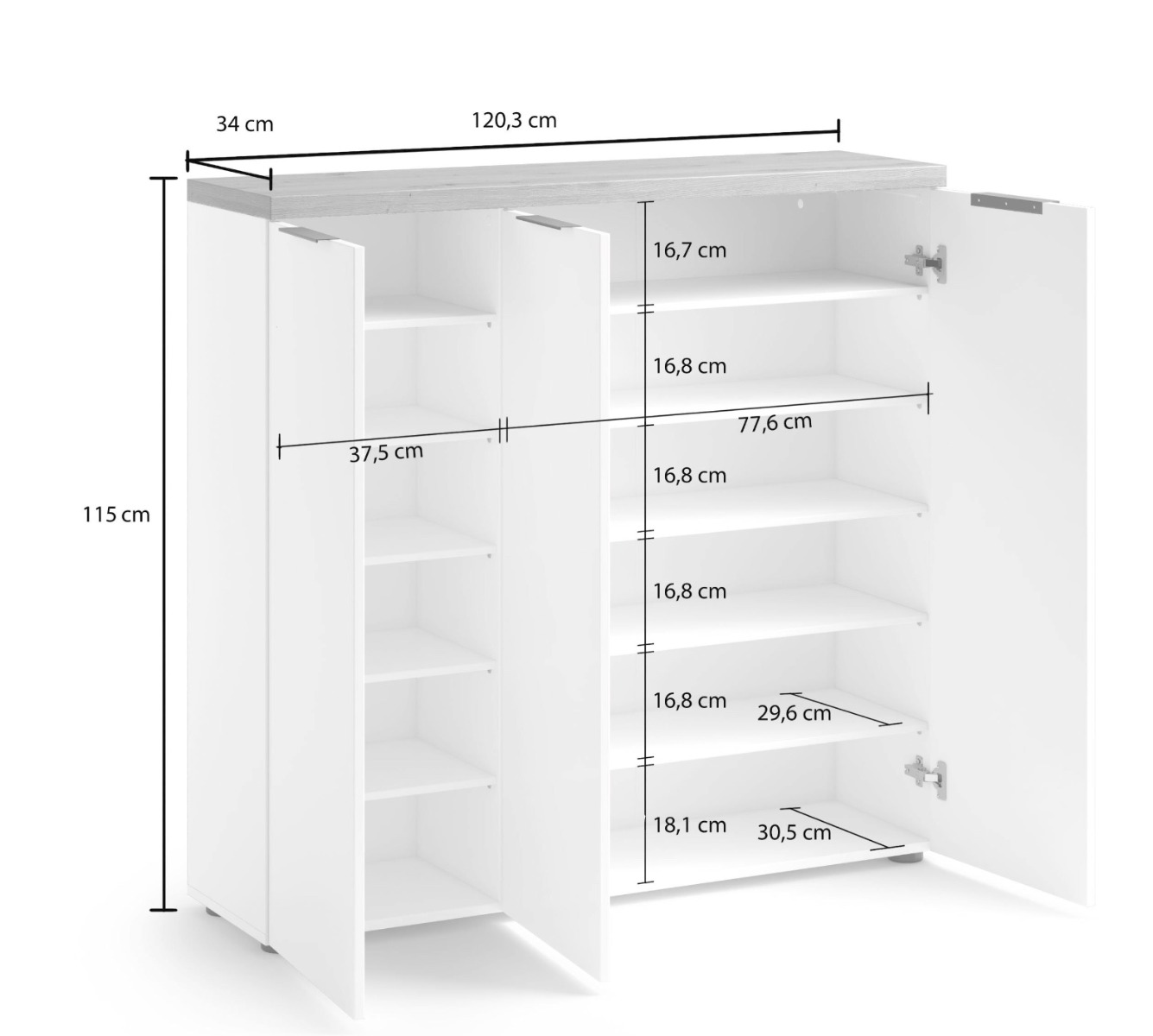 Scarpiera 3 ante, Bianco laccato lucido e Castagno, pronta consegna