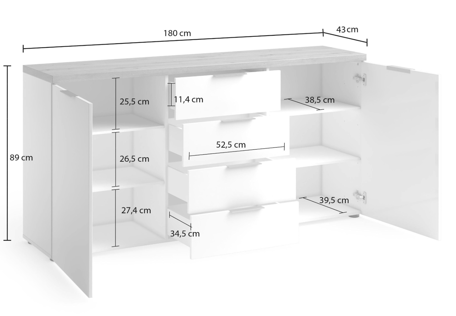 Capiente Madia 2 ante e 4 cassetti finitura Bianco lucido e Castagno, Made in Italy