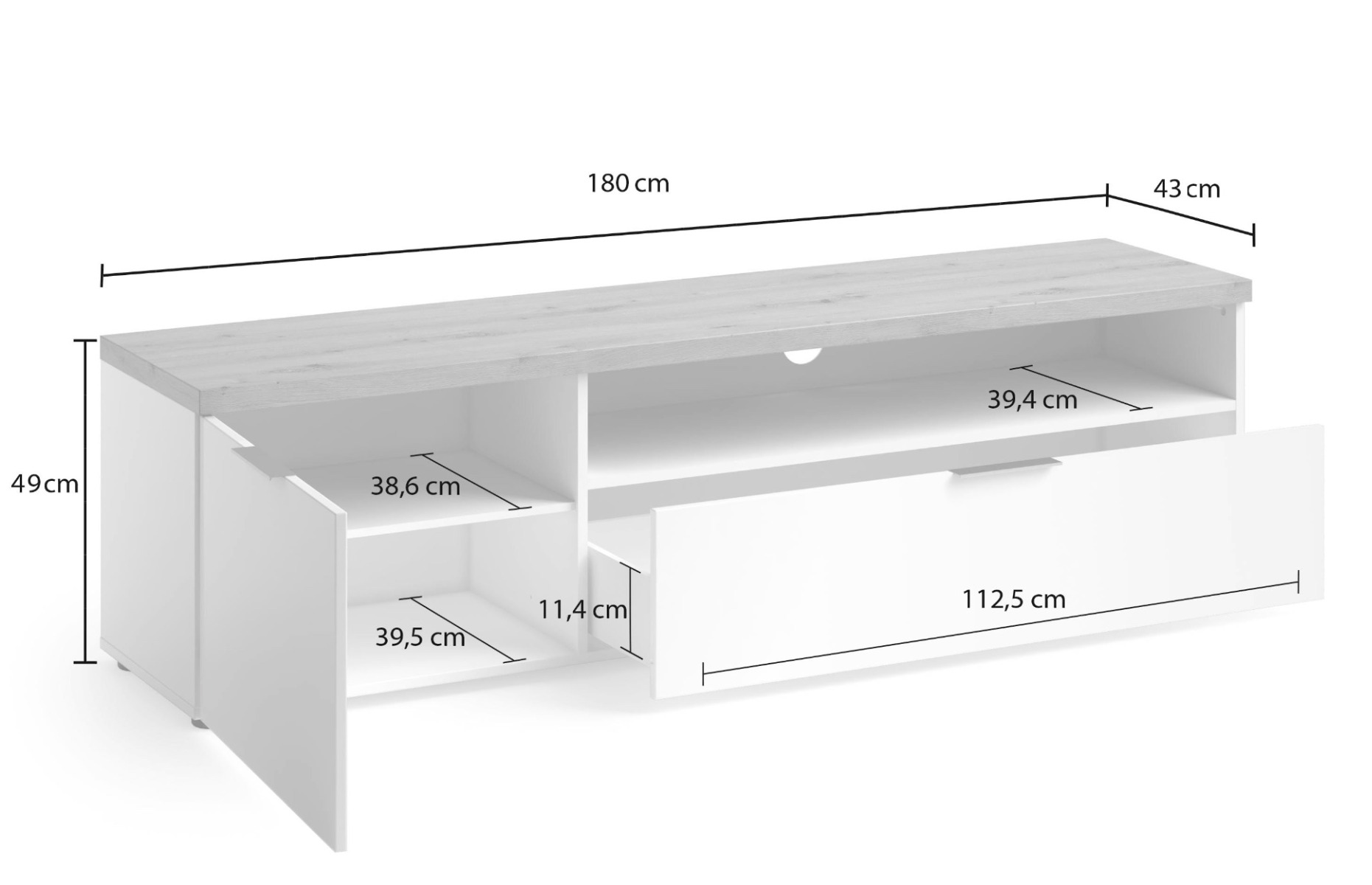 Porta TV moderno L.180 cm finitura Bianco laccato lucido e Castagno