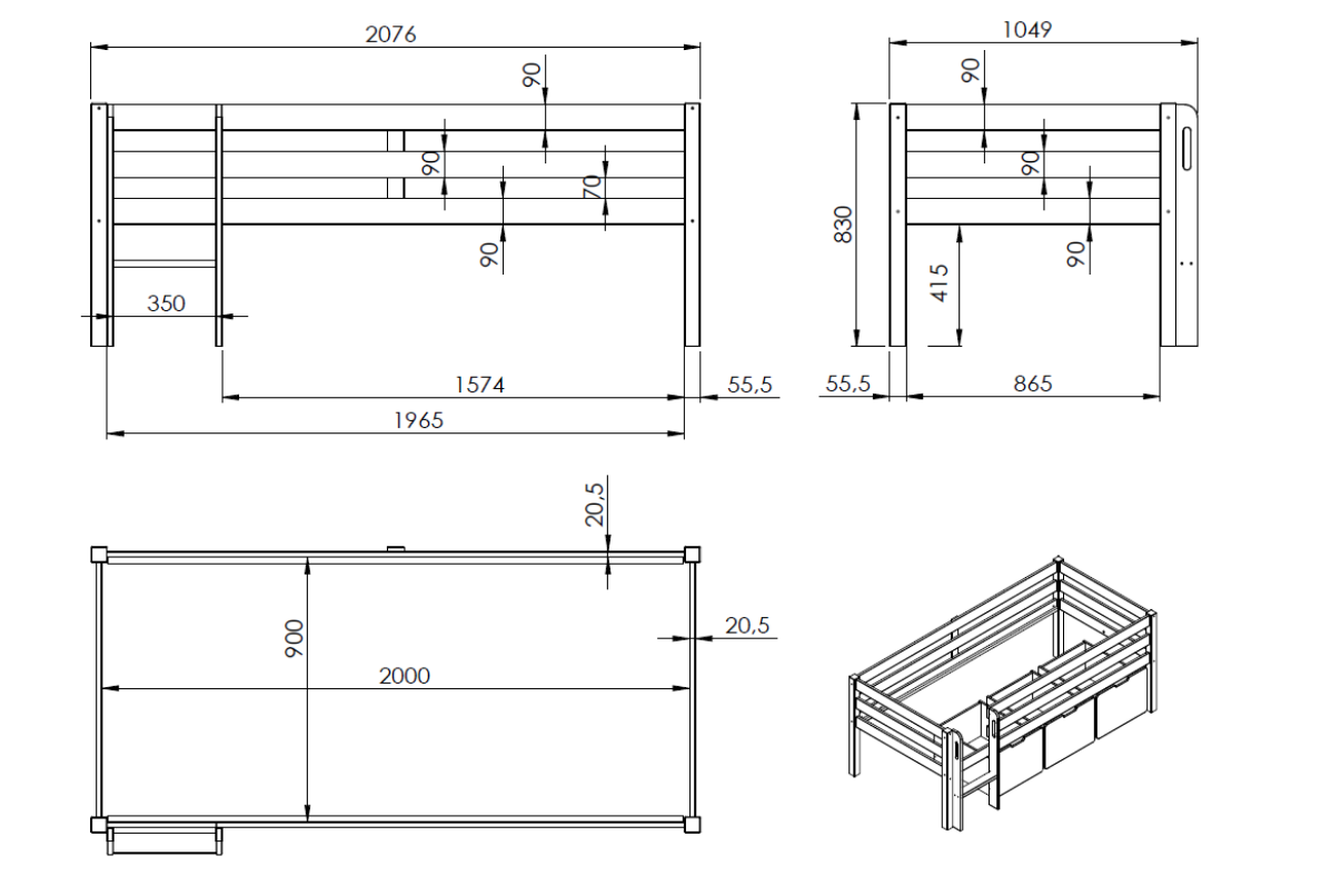 Lettino per bambini con scaletta, Bianco laccato