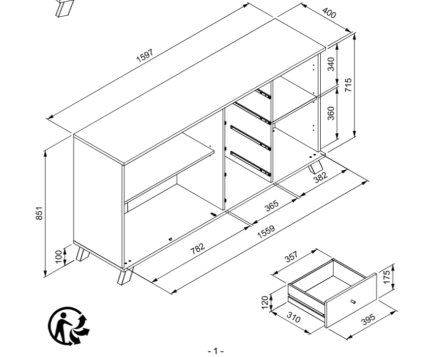 Madia 3 ante e 4 cassetti, finitura Rovere Oak e Antracite 
