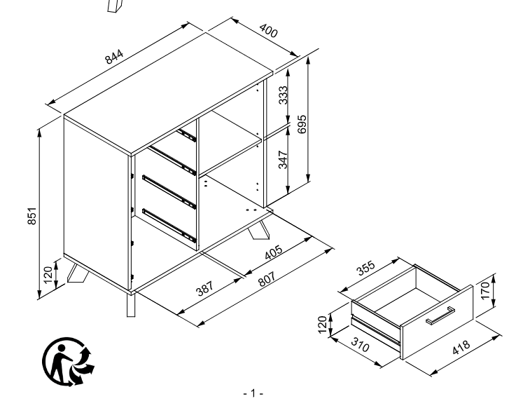 Credenza 1 anta e 4 cassetti finitura Quercia del Nord