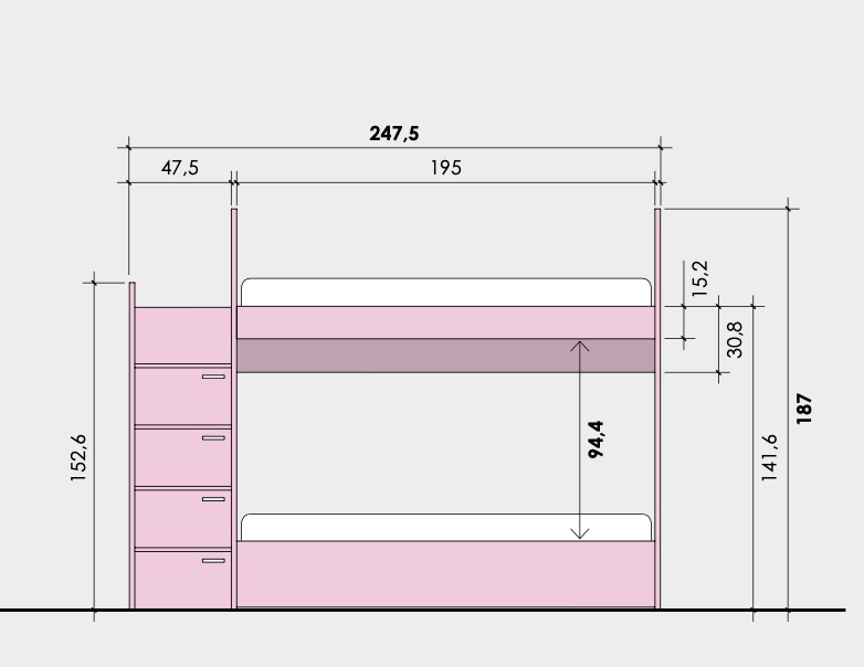 Letto a castello bambini con 2 cassetti, Bianco e Grigio dorian