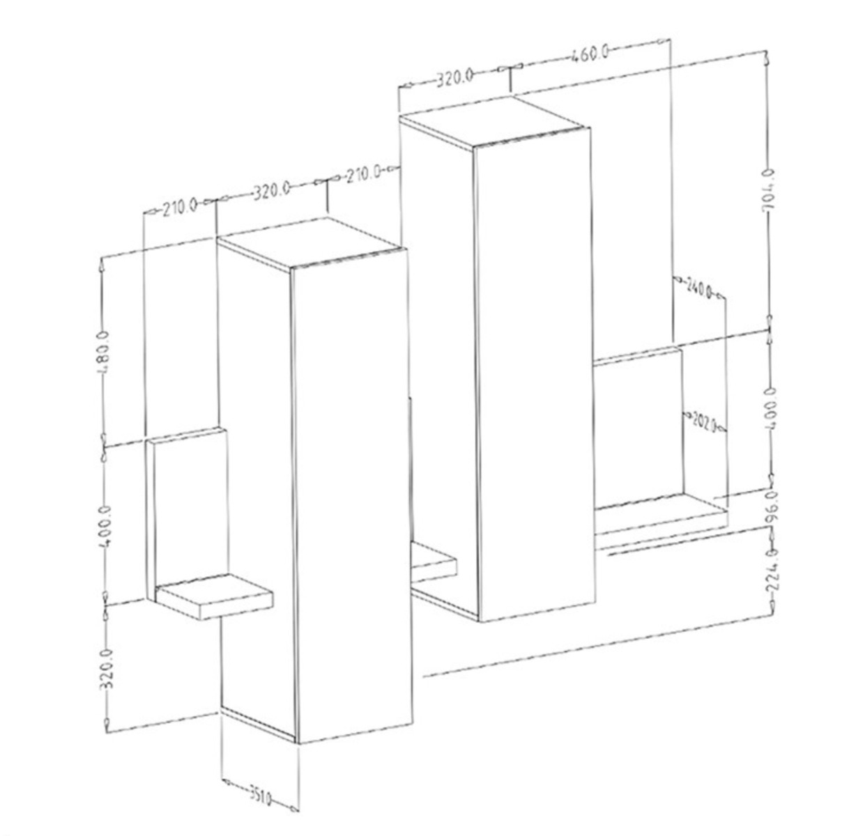 Modulo di design formato da una mensola e 2 pensili verticali