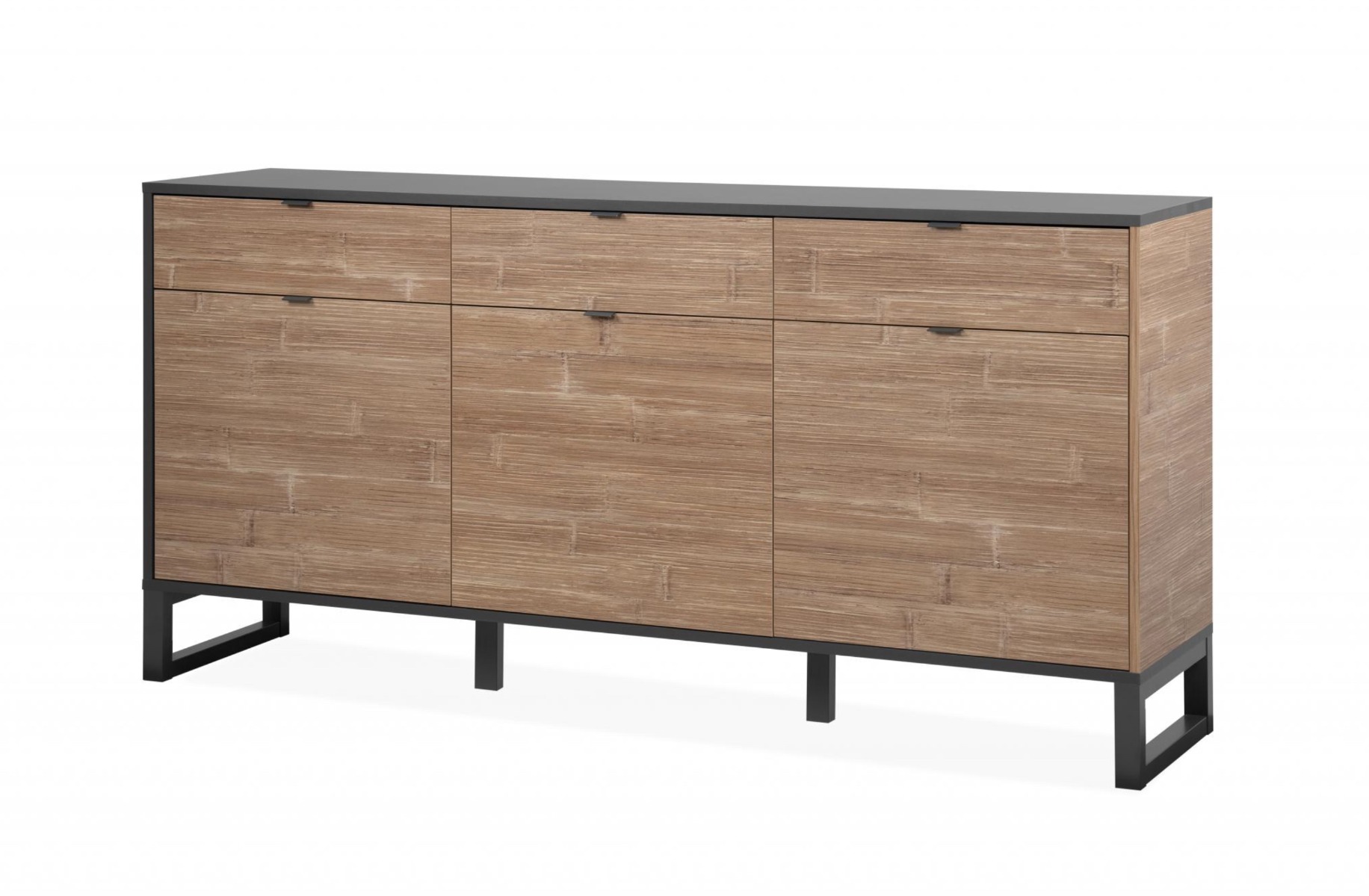 Madia moderna con tre ante e tre cassetti in finitura antracite e bamboo