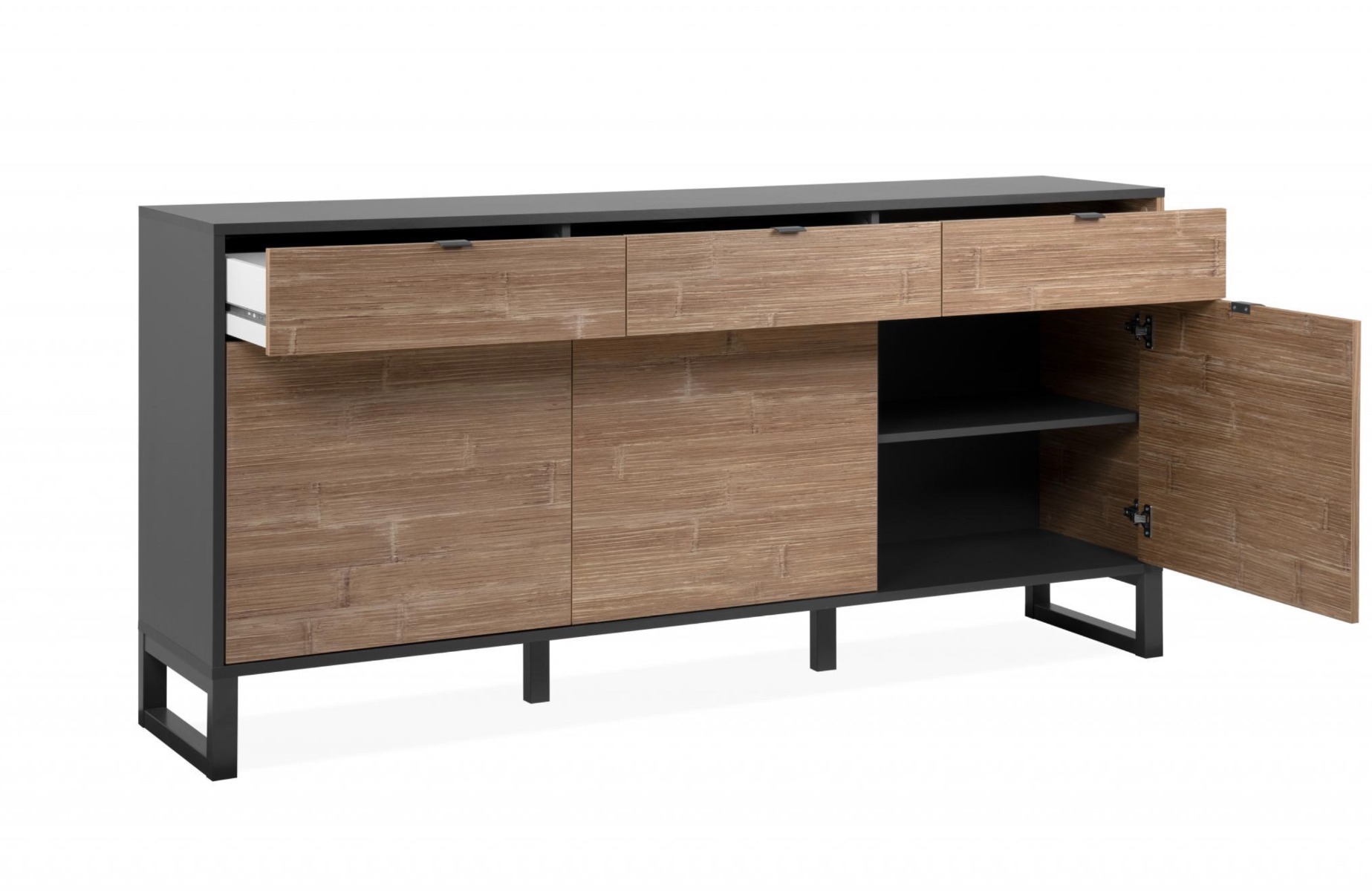 Madia moderna con tre ante e tre cassetti in finitura antracite e bamboo