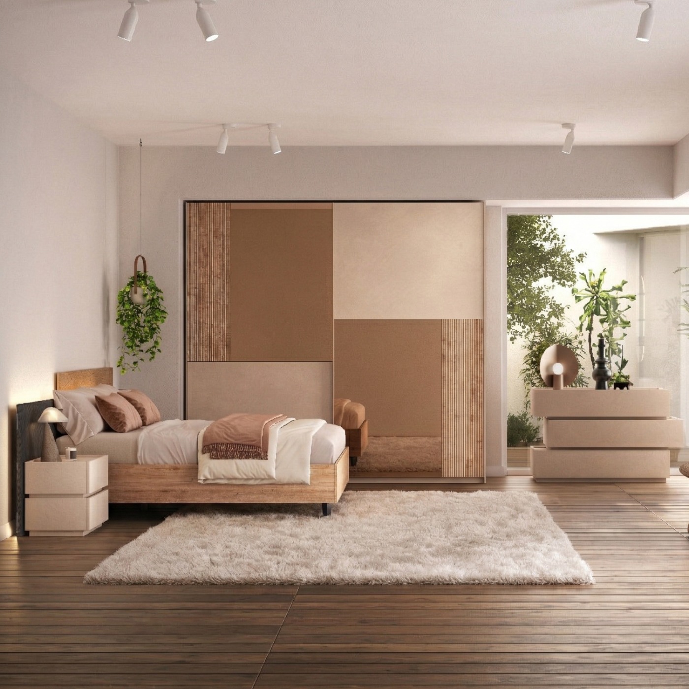 Camera matrimoniale con armadio scorrevole, letto e comodini, Cadiz e Cashmere