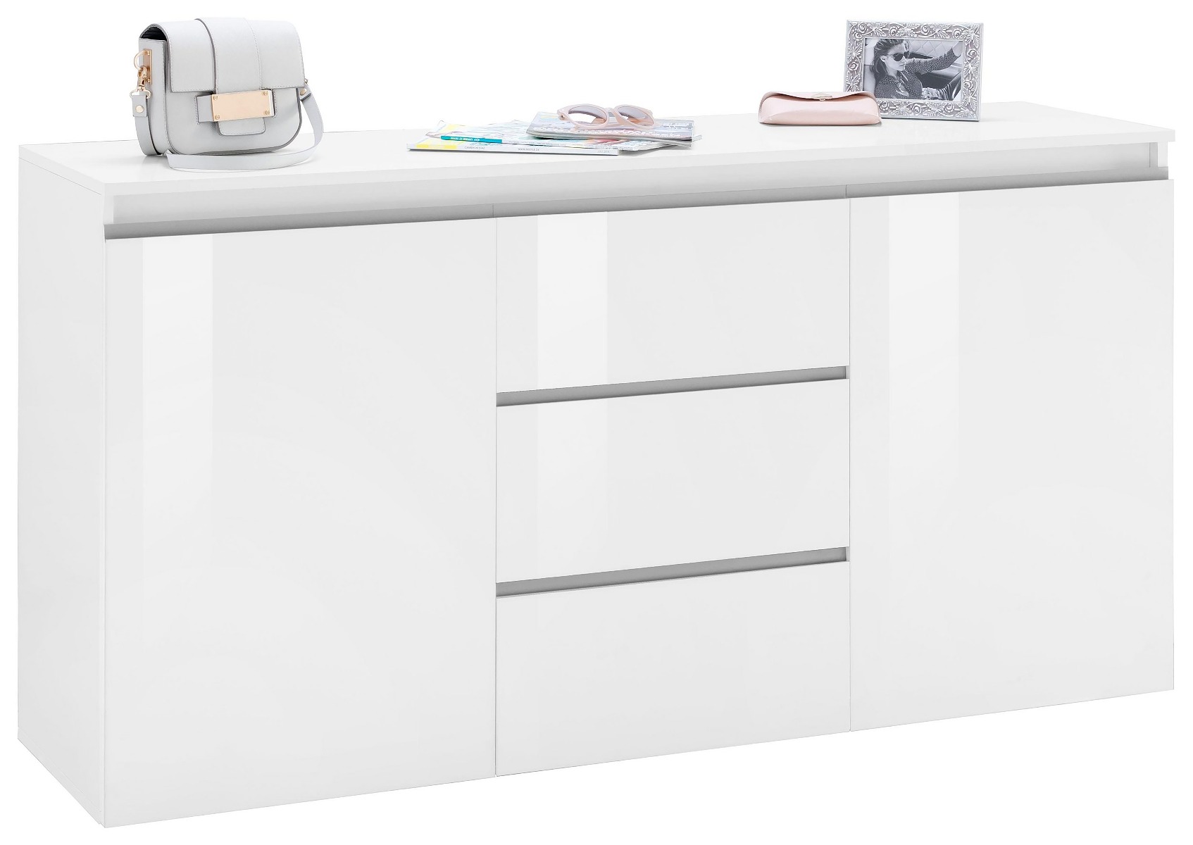 Madia moderna Bianco laccato lucido con maniglie a gola, 2 ante 3 cassetti