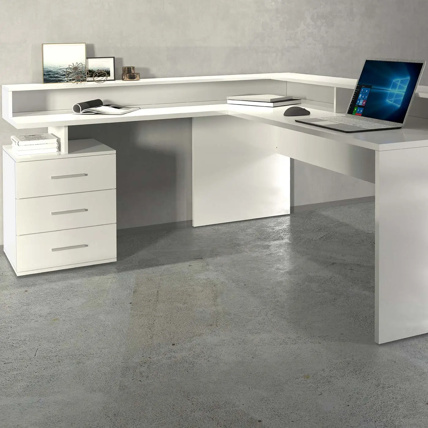 Scrivania angolare 3 cassetti, 180/160x90x60 h cm, Bianco laccato lucido