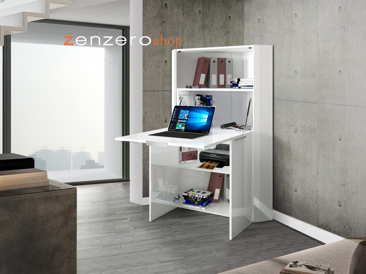 Scrivania estraibile, multiuso ad angolo, bianco lucido, made in Italy