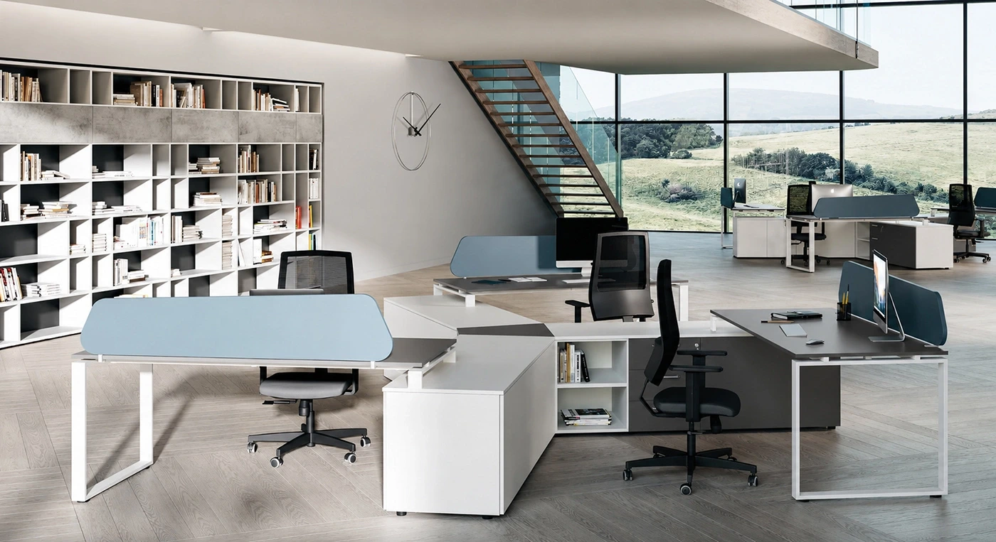 Scrivania angolare con mobiletto contenitore L.240 H.75 P.100/182, Cadaques, Grigio titanio, Bianco opaco