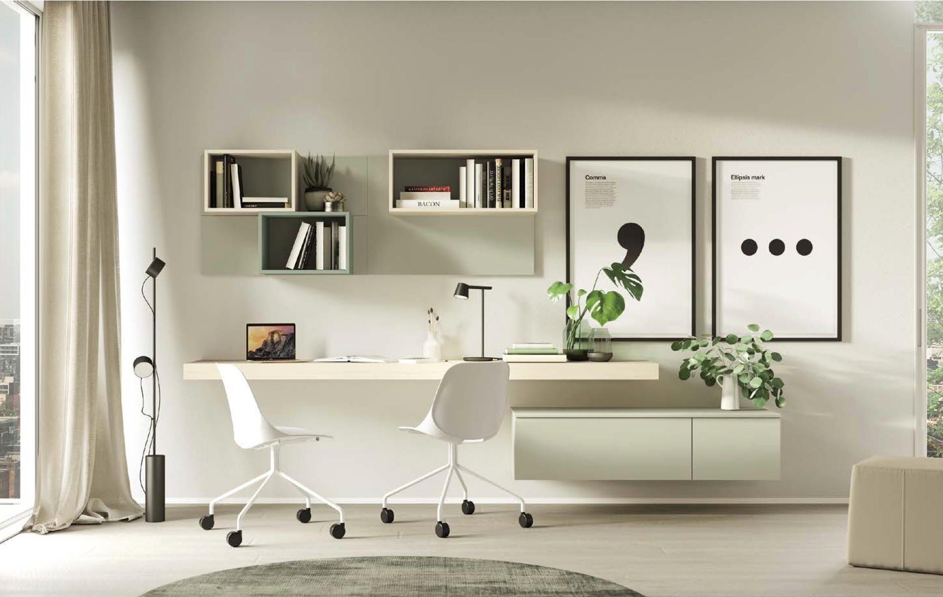 Scrivania sospesa doppia postazione con pensili, finitura Natural wood e Domy