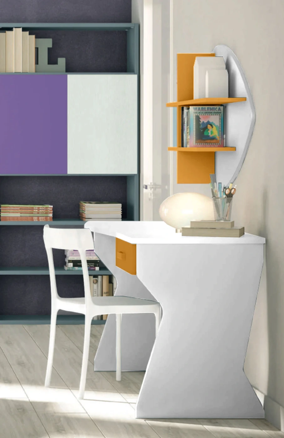 Scrivania moderna con 1 cassetto in finitura Miele e Bianco Opaco