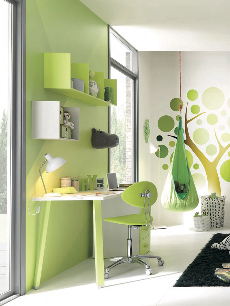 Scrivania bambini con cassettiera Moretti Compact, finitura Betulla e Verde cedro