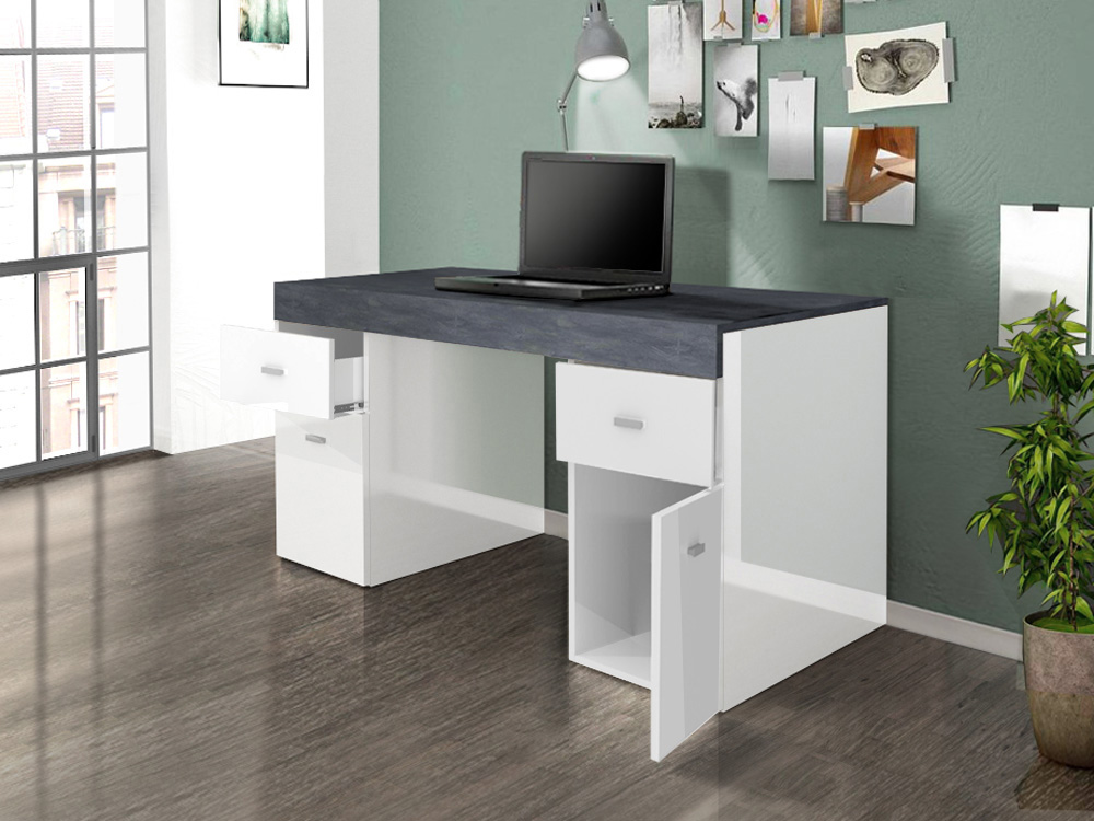 Scrivania 2 ante e 2 cassetti bianco lucido e ardesia, made in Italy