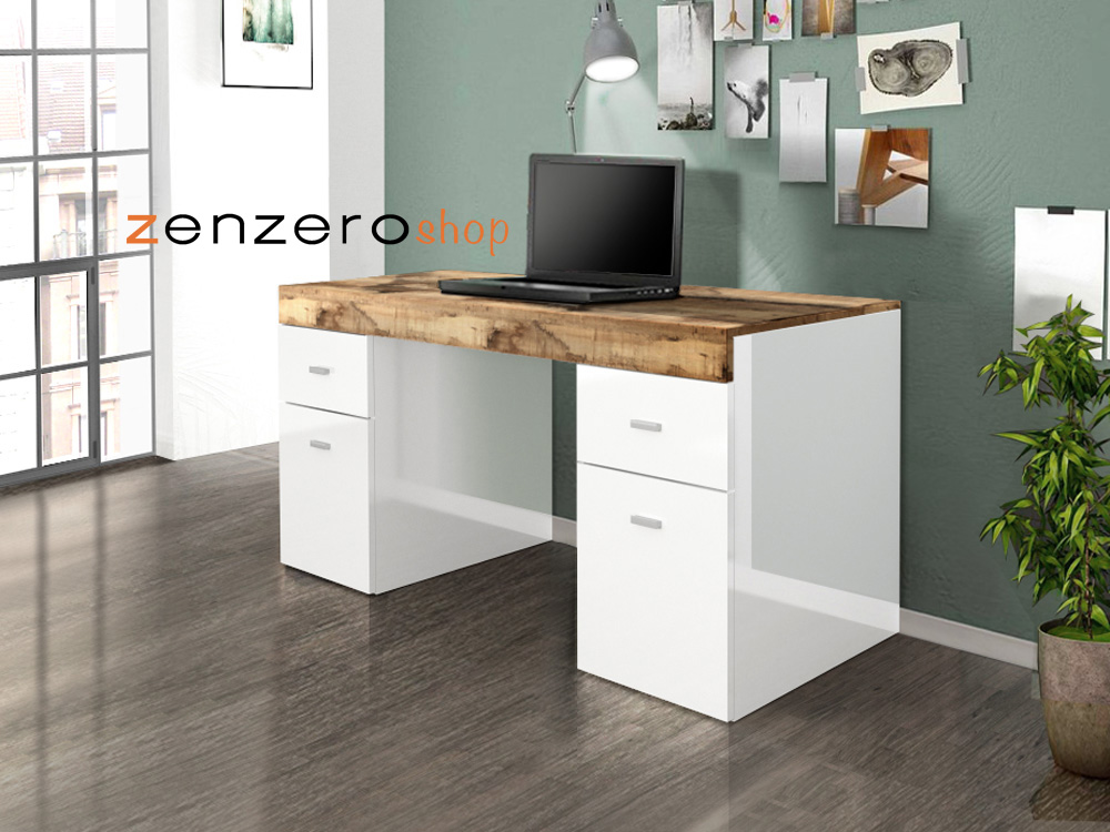 Scrivania 2 ante e 2 cassetti bianco lucido e pero, made in Italy