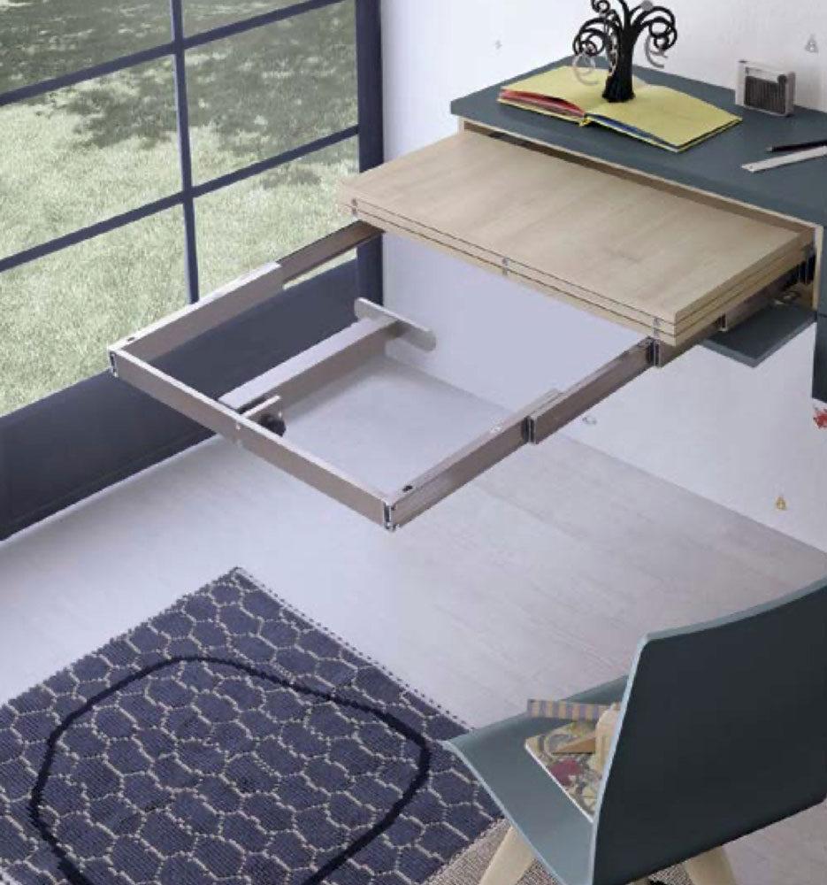 Scrivania salvaspazio estraibile con cassetti e ribalta, finitura Blu opale