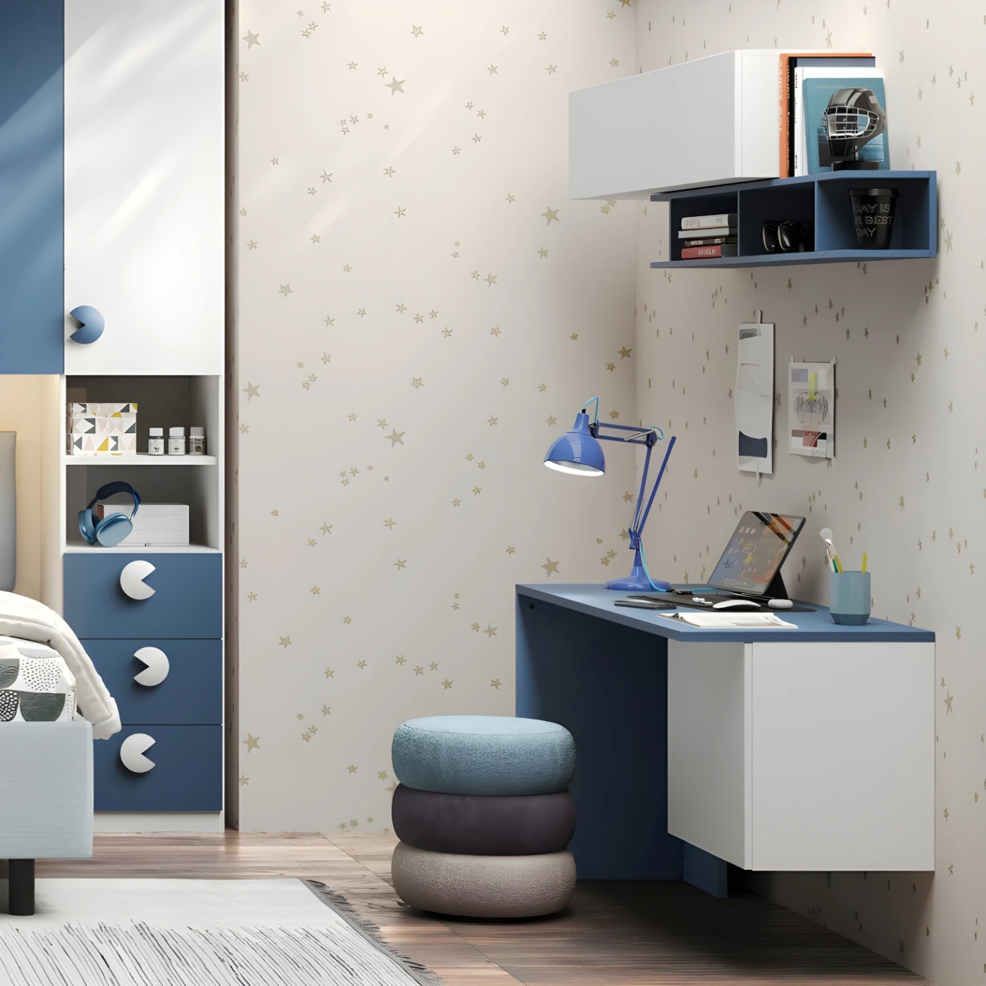 Scrivania con cubotto, L.138 H.74, Blu navy e Bianco opaco