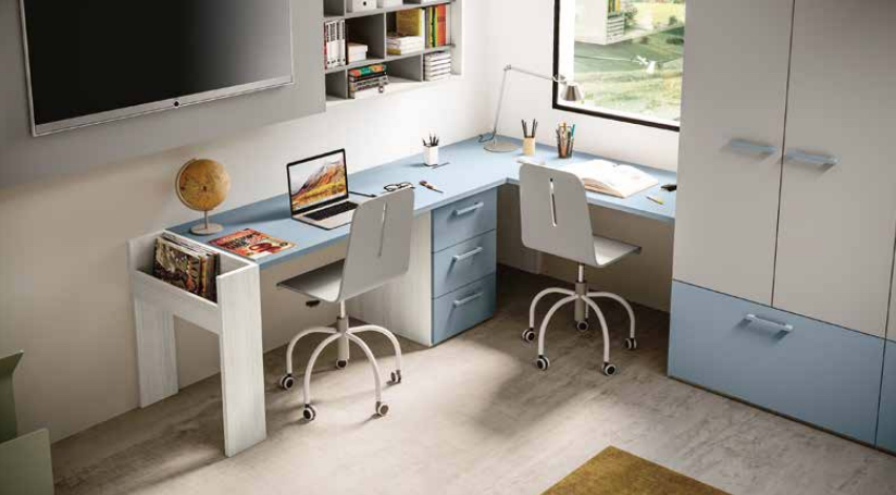 Scrivania doppia postazione angolare, finitura Bianco altea e Carta da zucchero