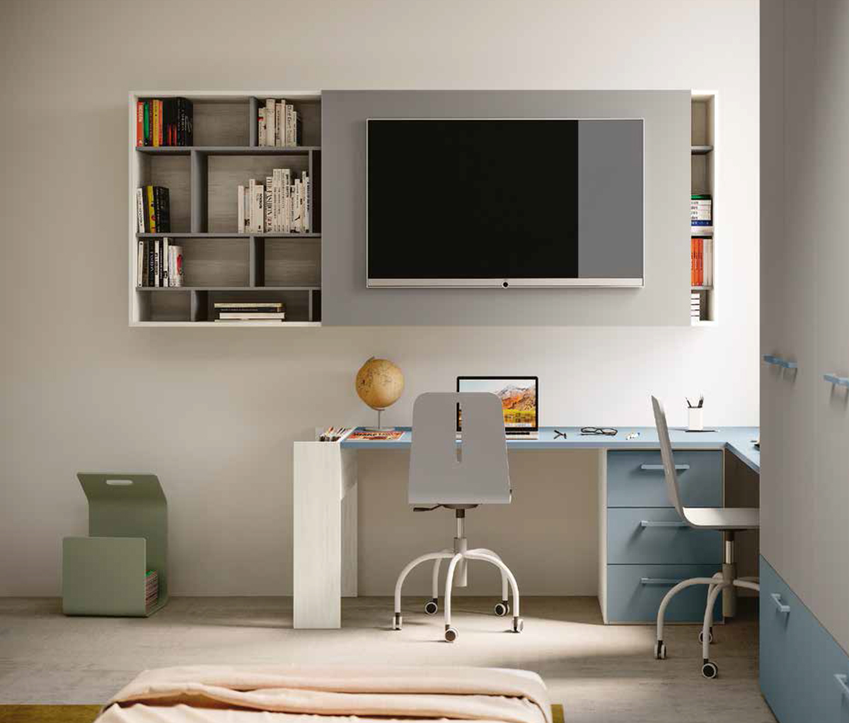 Cameretta 2 letti singoli, finitura Bianco altea, Carta da zucchero e Grigio seta