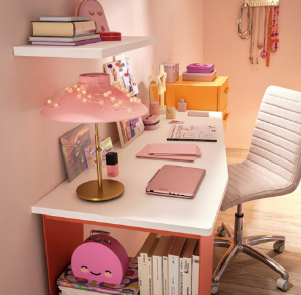 Scrivania moderna per camerette Moretti Compact, finitura Bianco e Mandarino laccato