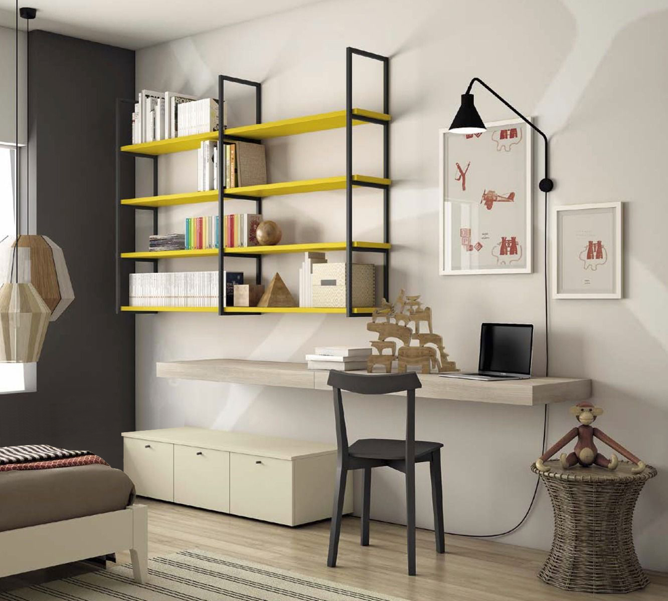 Zona studio con libreria, finitura Ciliegio bianco e Zafferano