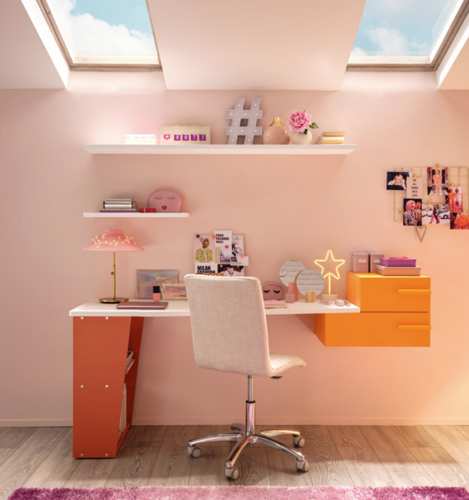 Scrivania moderna per camerette Moretti Compact, finitura Bianco e Mandarino laccato