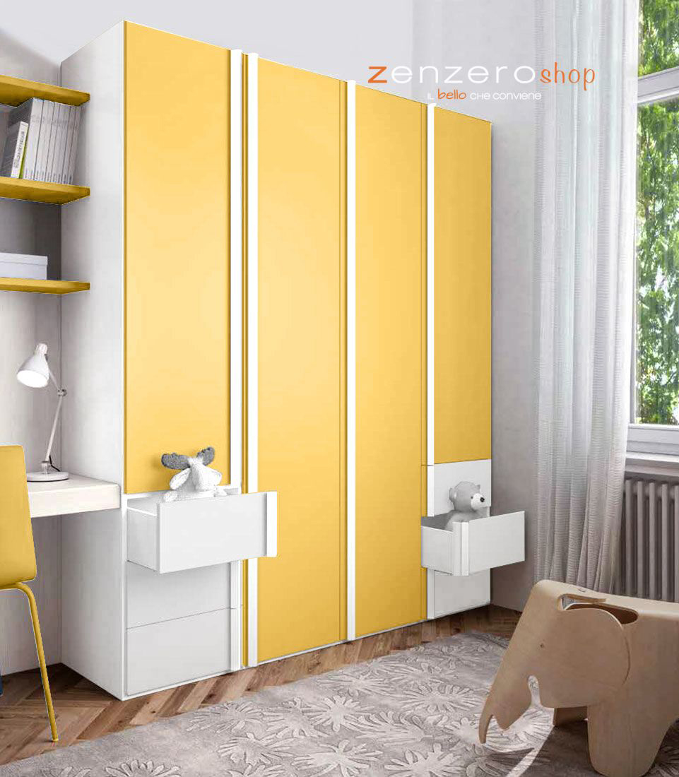 Armadio moderno 4 ante battenti e 6 cassetti in Bianco e Giallo Grano