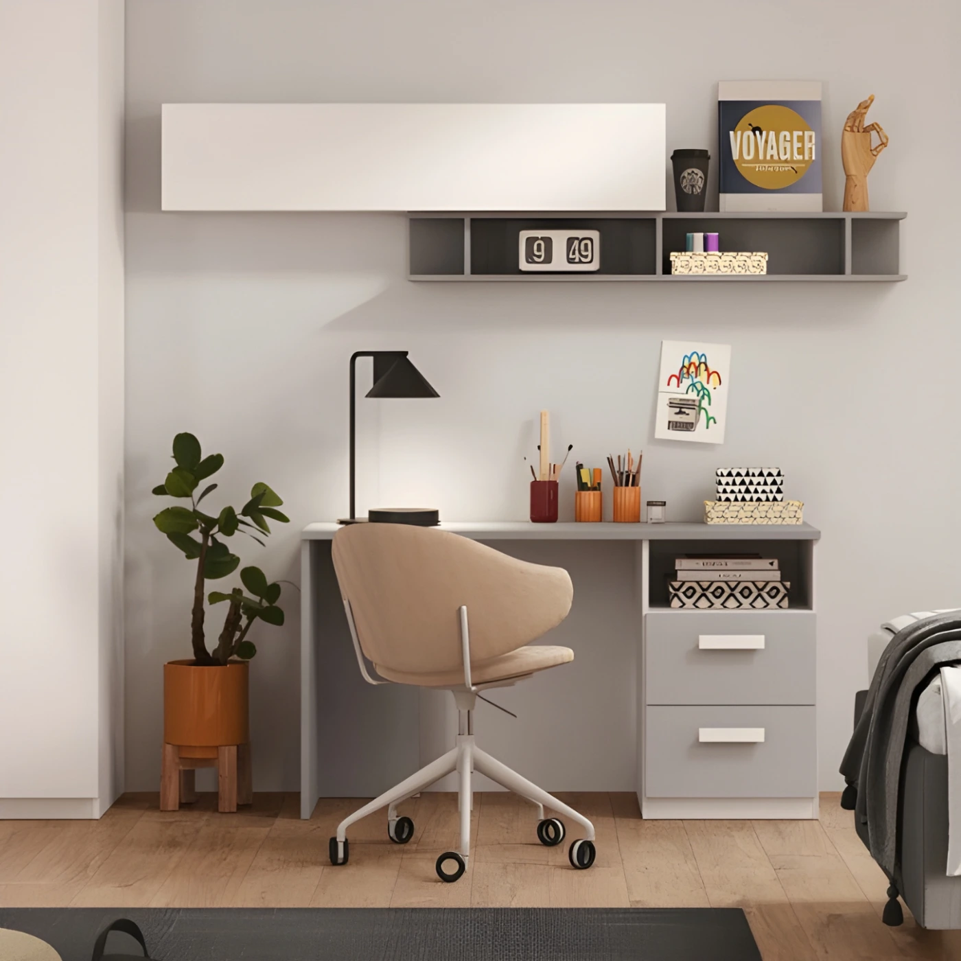 Scrivania con cassetti, L.138 H.74, Bianco opaco e Gesso